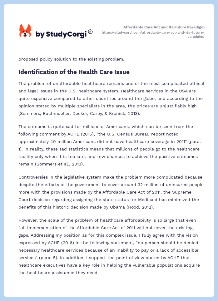 Affordable Care Act and Its Future Paradigm. Page 2