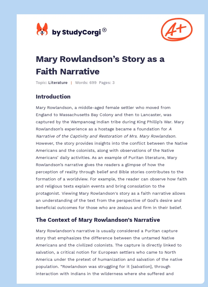Mary Rowlandson’s Story as a Faith Narrative. Page 1