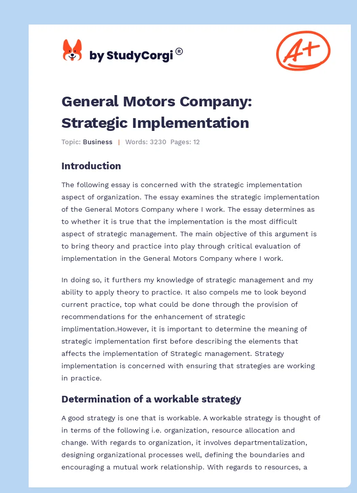 General Motors Company: Strategic Implementation. Page 1
