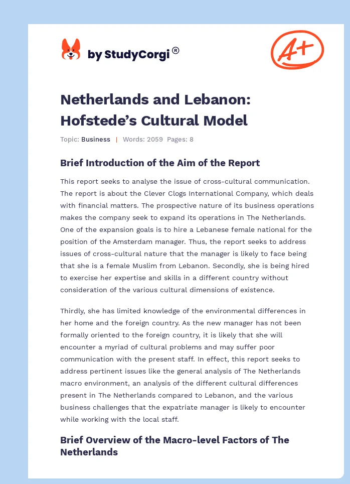 Netherlands and Lebanon: Hofstede’s Cultural Model. Page 1