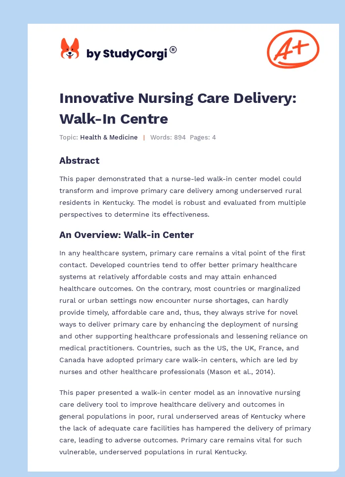 Innovative Nursing Care Delivery: Walk-In Centre. Page 1