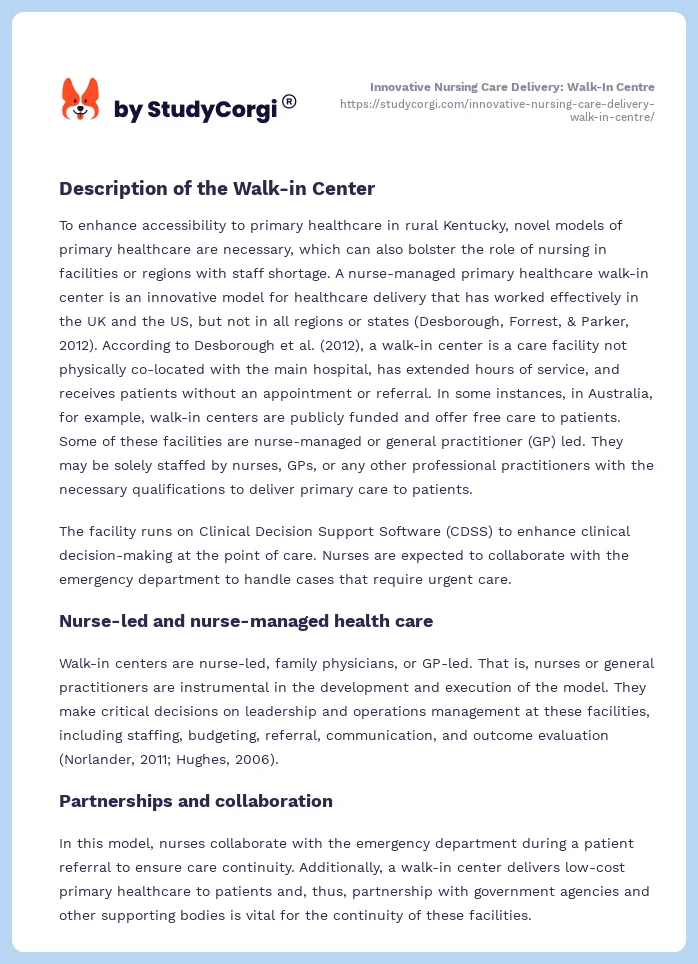 Innovative Nursing Care Delivery: Walk-In Centre. Page 2