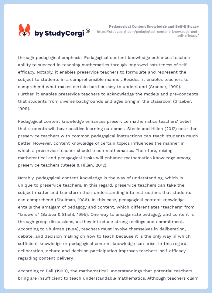 Pedagogical Content Knowledge and Self-Efficacy. Page 2