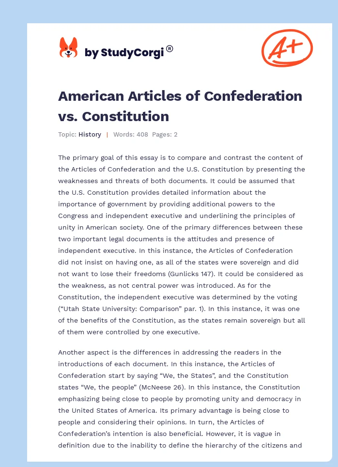 American Articles of Confederation vs. Constitution. Page 1
