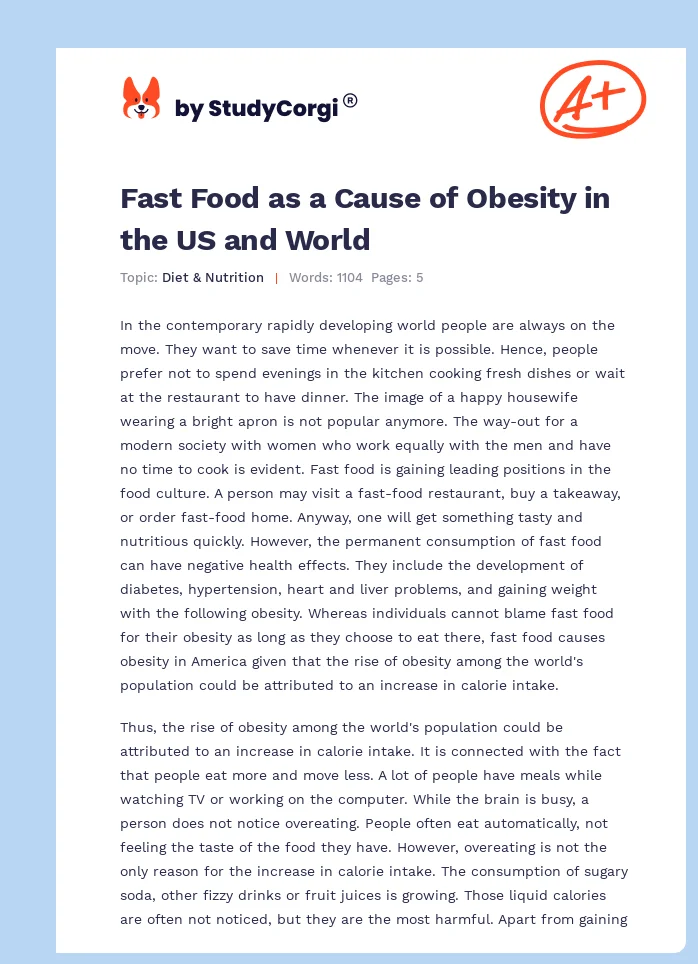 Fast Food as a Cause of Obesity in the US and World. Page 1