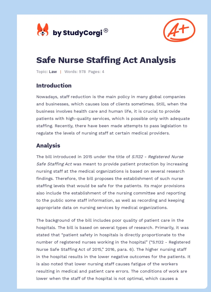 Safe Nurse Staffing Act Analysis. Page 1