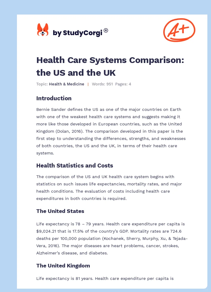 Health Care Systems Comparison: the US and the UK. Page 1