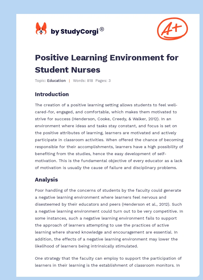 Positive Learning Environment for Student Nurses. Page 1
