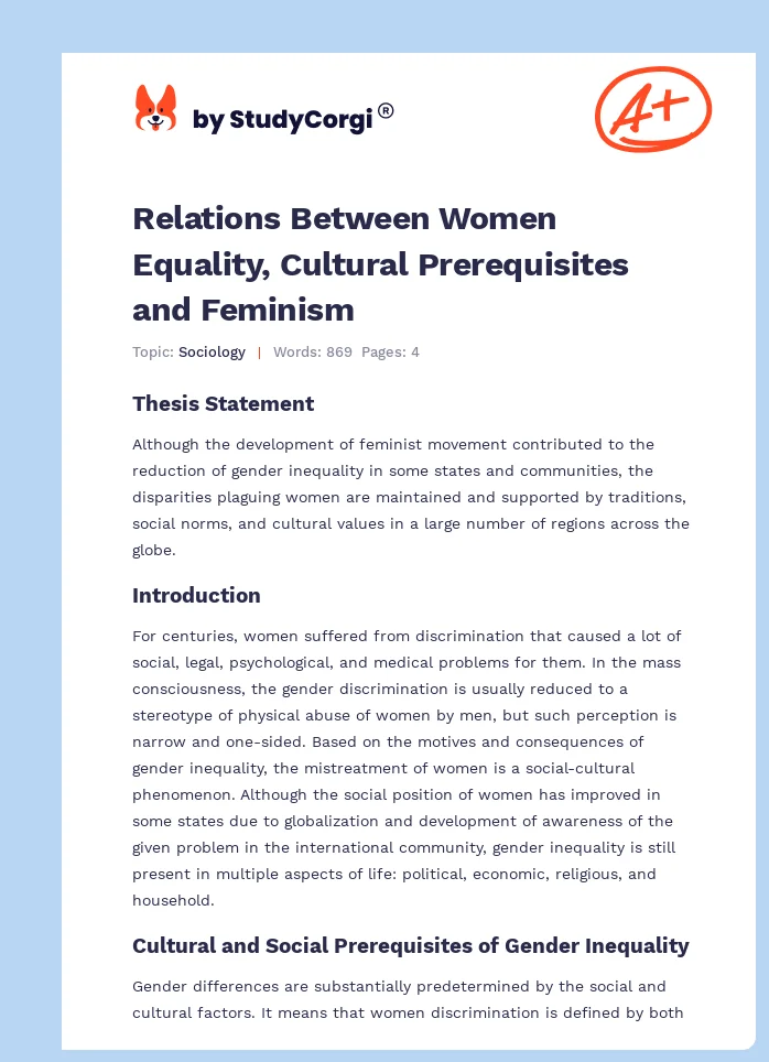 Relations Between Women Equality, Cultural Prerequisites and Feminism. Page 1