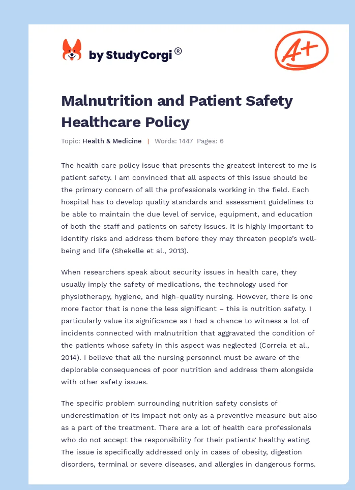 Malnutrition and Patient Safety Healthcare Policy. Page 1