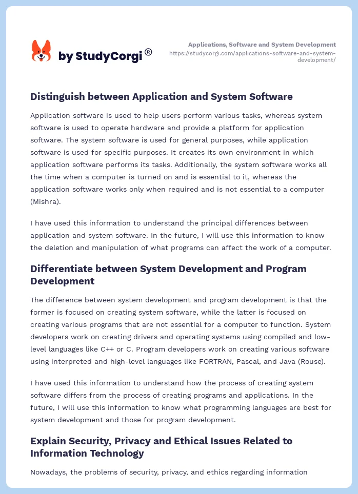 Applications, Software and System Development. Page 2