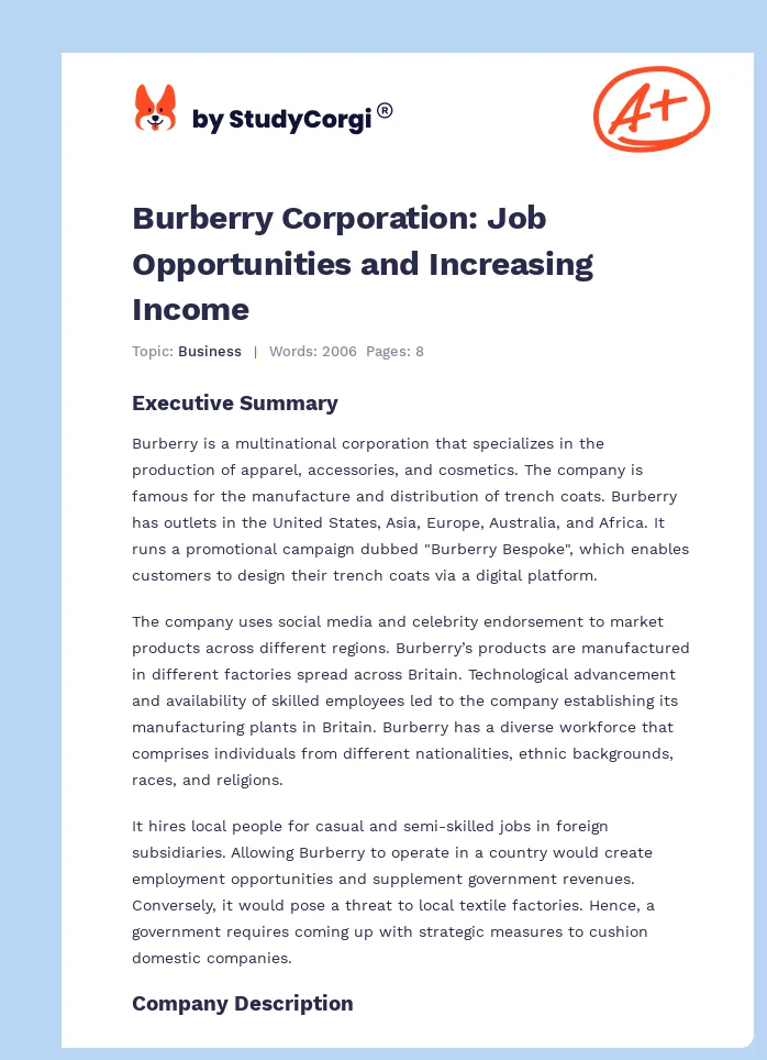 Burberry Corporation: Job Opportunities and Increasing Income. Page 1