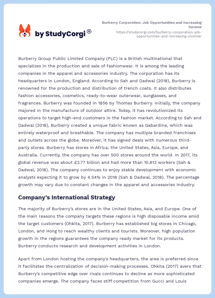 Burberry Corporation: Job Opportunities and Increasing Income. Page 2