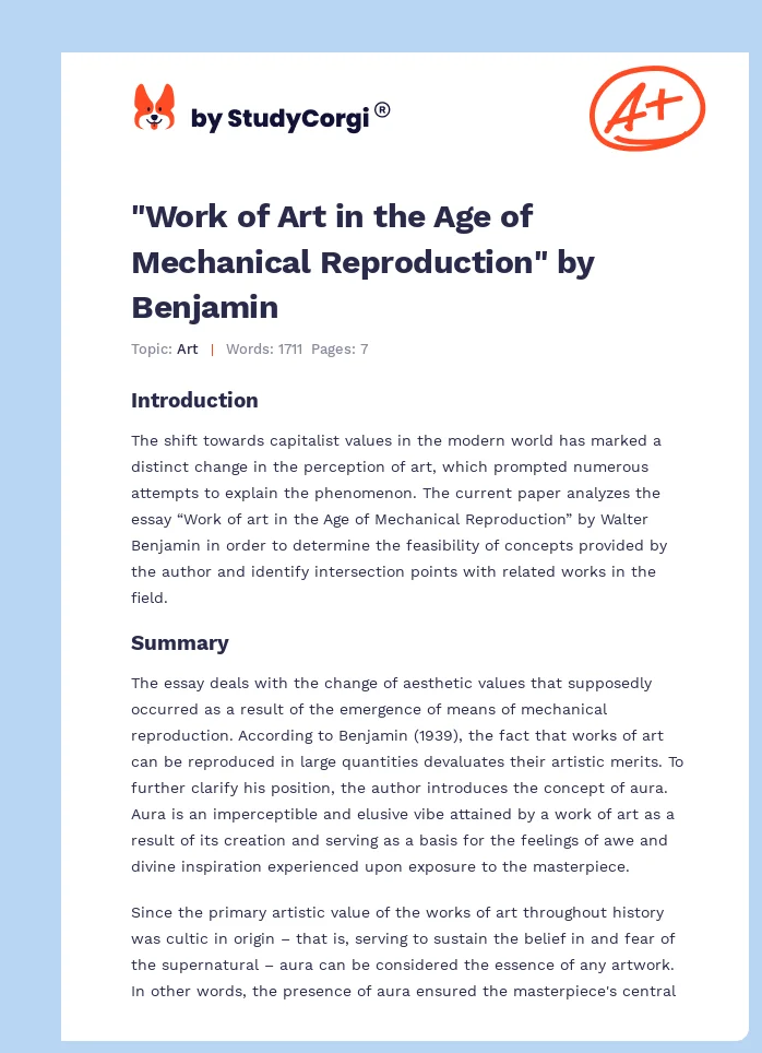 "Work of Art in the Age of Mechanical Reproduction" by Benjamin. Page 1