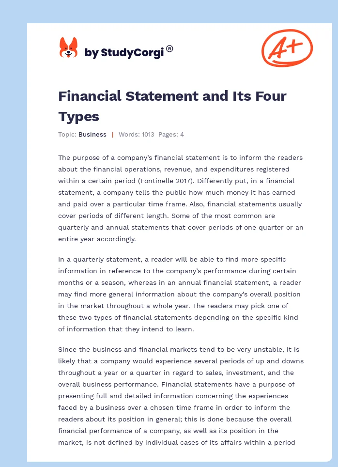 Financial Statement and Its Four Types. Page 1