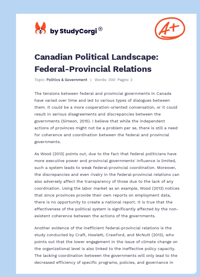 Canadian Political Landscape: Federal-Provincial Relations. Page 1