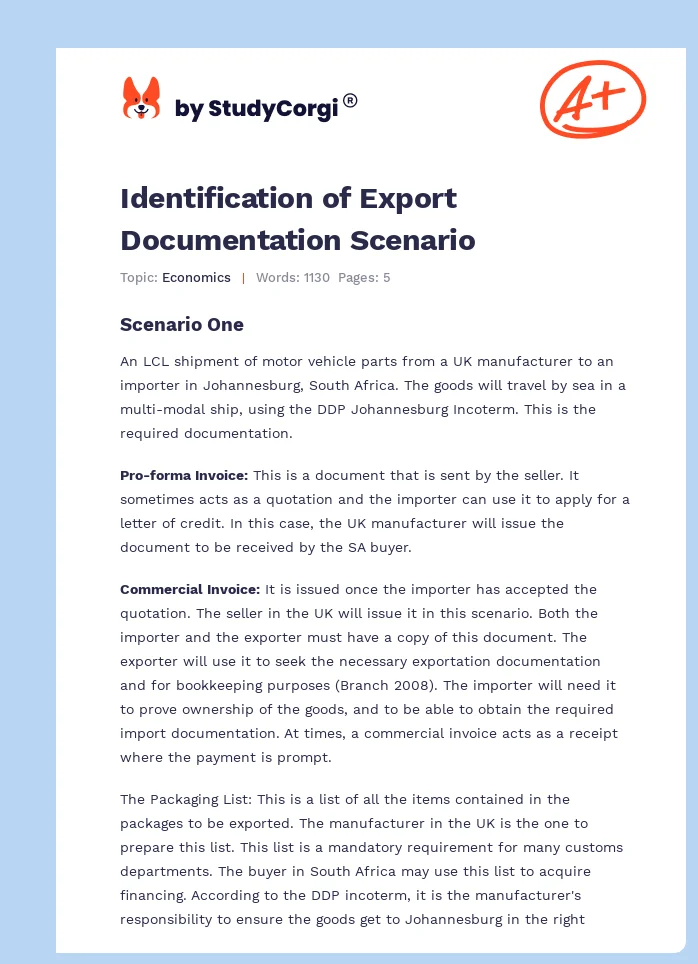 Identification of Export Documentation Scenario. Page 1