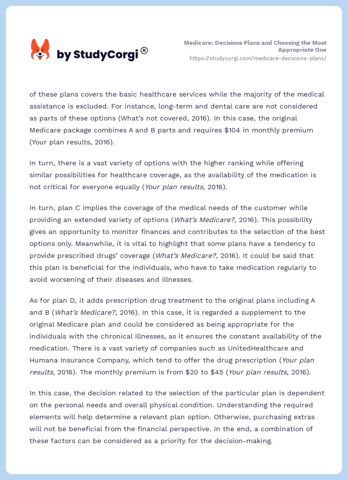 Medicare: Decisions Plans and Choosing the Most Appropriate One. Page 2