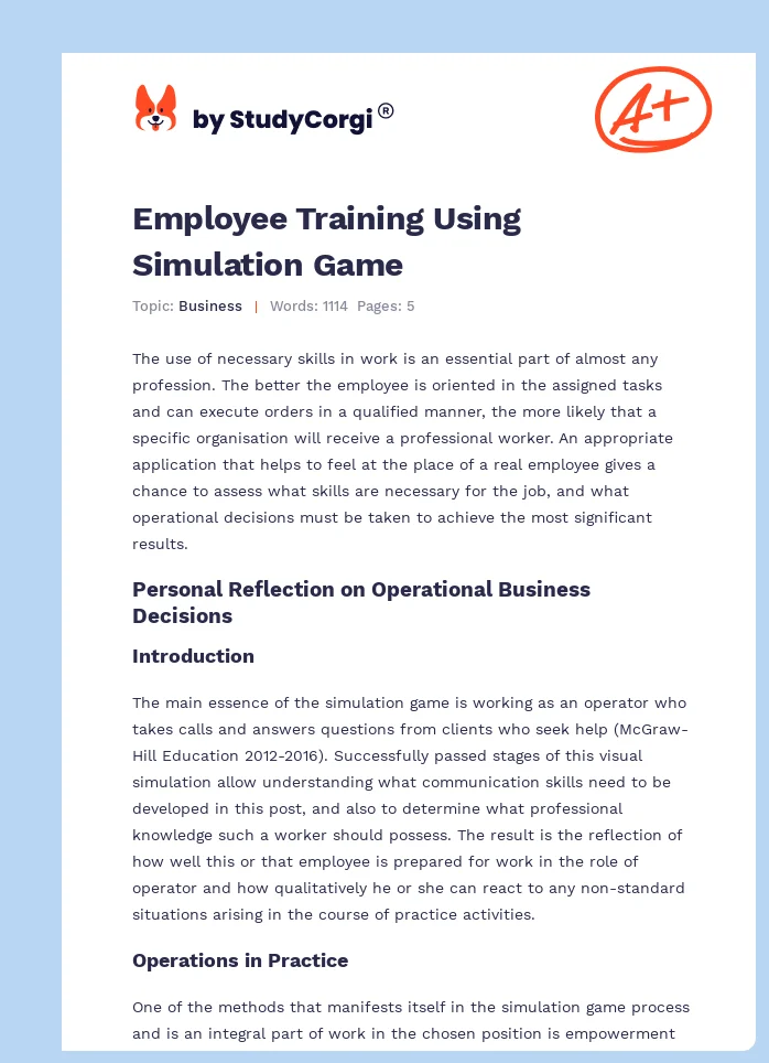 Employee Training Using Simulation Game. Page 1