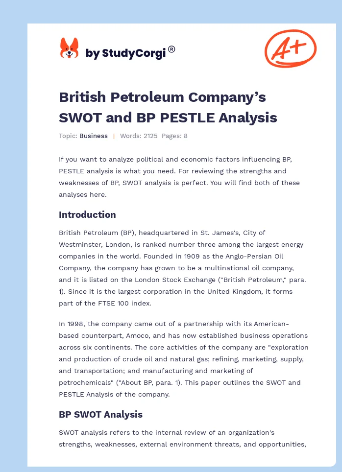 British Petroleum Company’s SWOT and BP PESTLE Analysis. Page 1