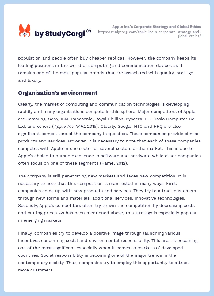 Apple Inc.'s Corporate Strategy and Global Ethics. Page 2