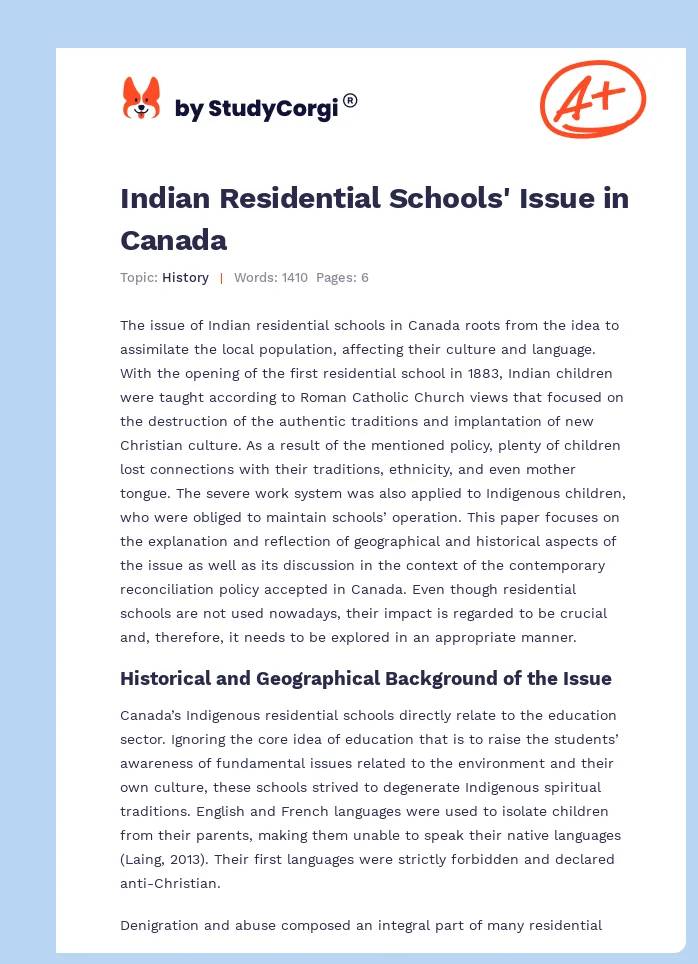 Indian Residential Schools' Issue in Canada. Page 1
