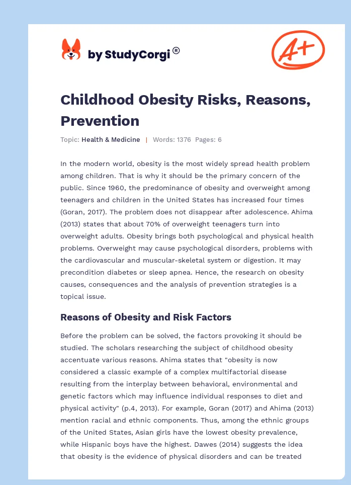 Childhood Obesity Risks, Reasons, Prevention. Page 1