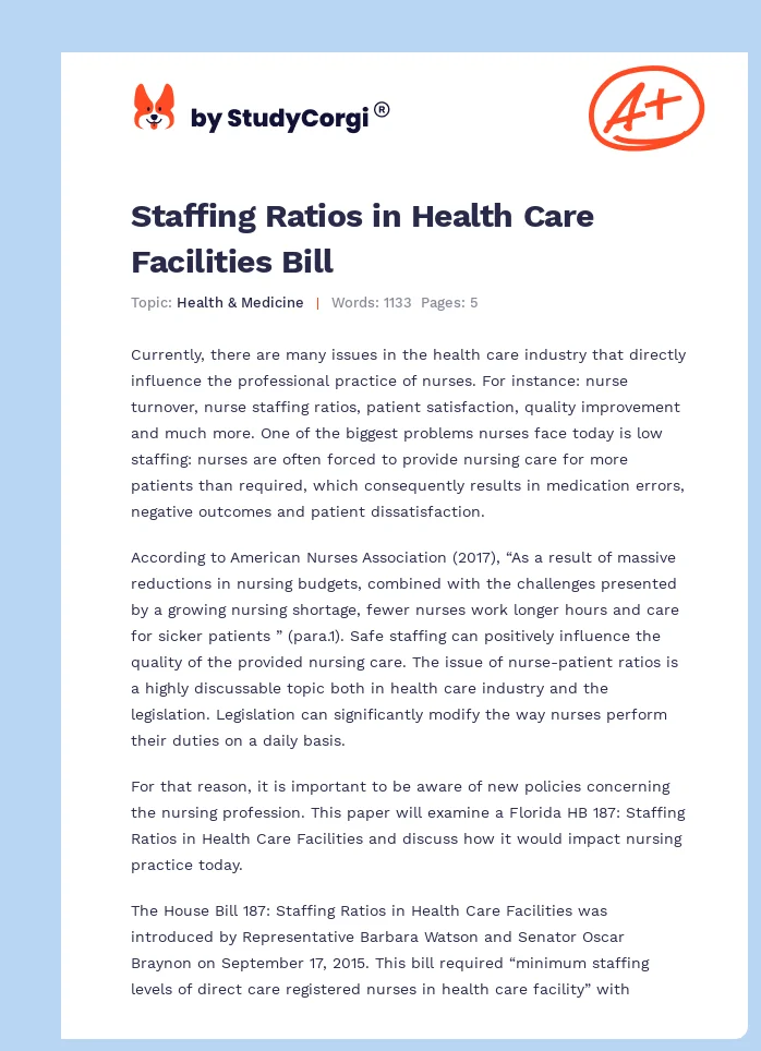 Staffing Ratios in Health Care Facilities Bill. Page 1