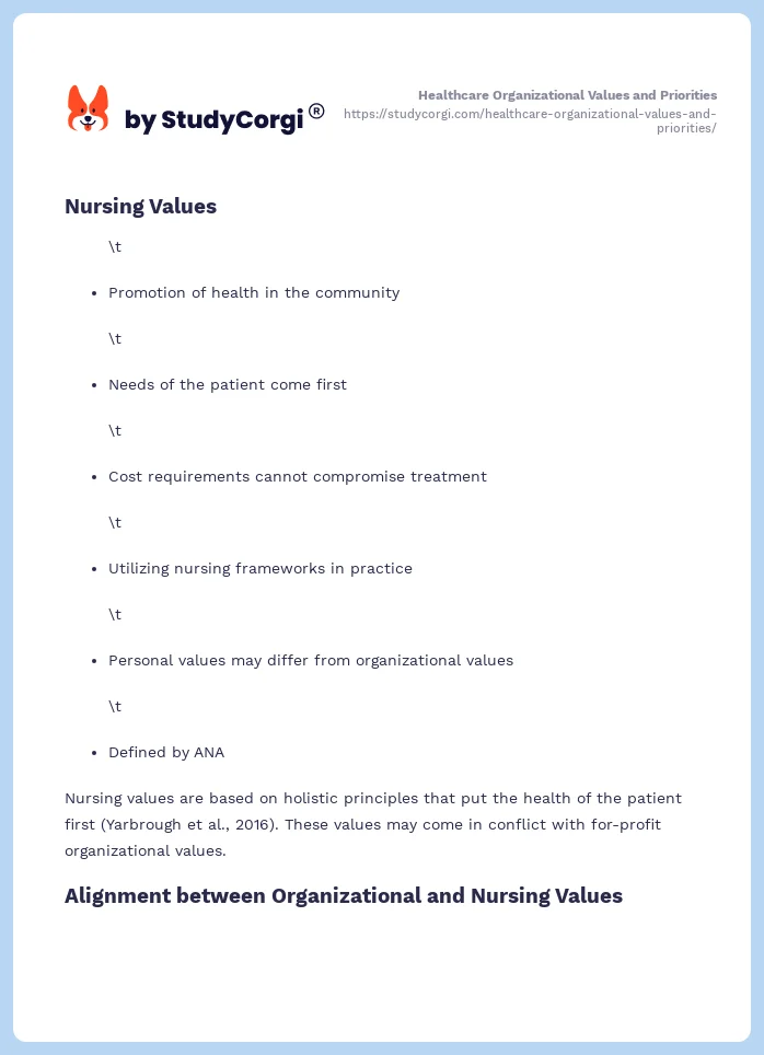 Healthcare Organizational Values and Priorities. Page 2