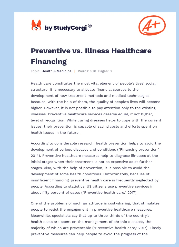 Preventive vs. Illness Healthcare Financing. Page 1
