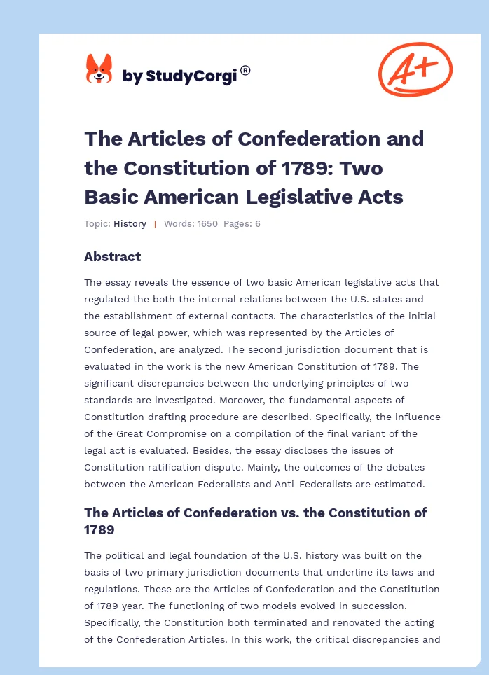 The Articles of Confederation and the Constitution of 1789: Two Basic American Legislative Acts. Page 1