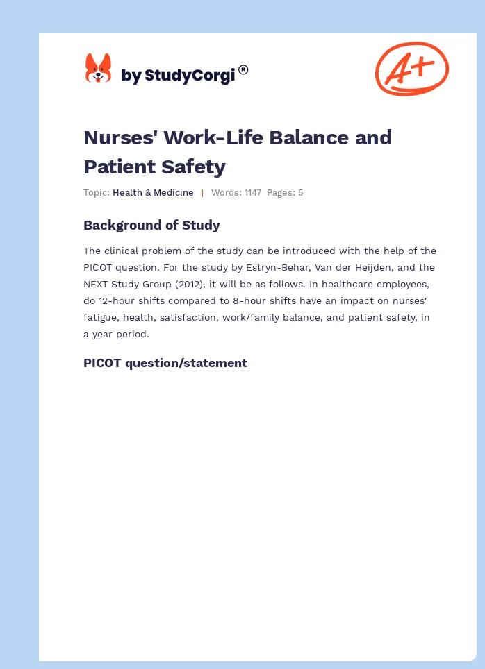 Nurses' Work-Life Balance and Patient Safety. Page 1