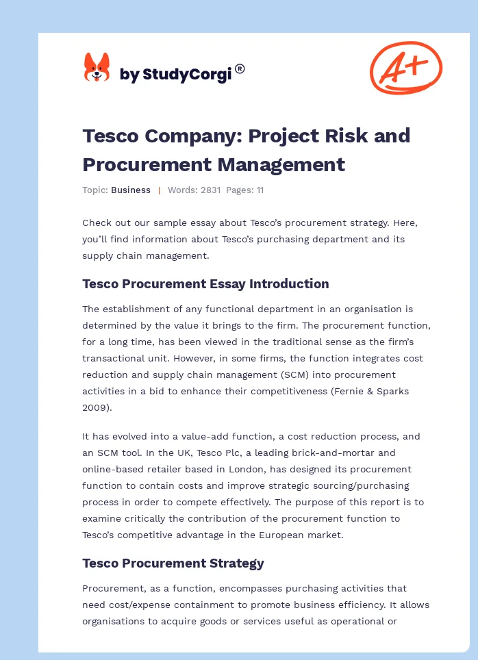 Tesco Company: Project Risk and Procurement Management. Page 1