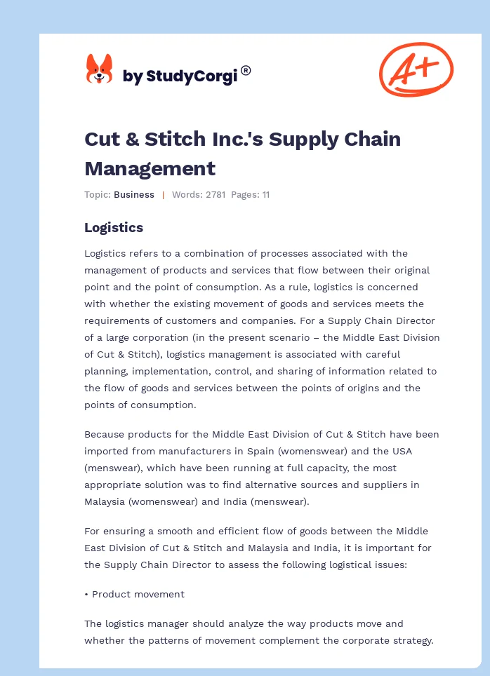 Cut & Stitch Inc.'s Supply Chain Management. Page 1