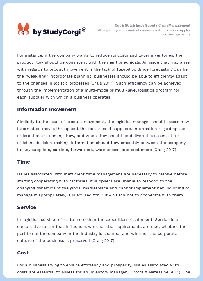 Cut & Stitch Inc.'s Supply Chain Management. Page 2
