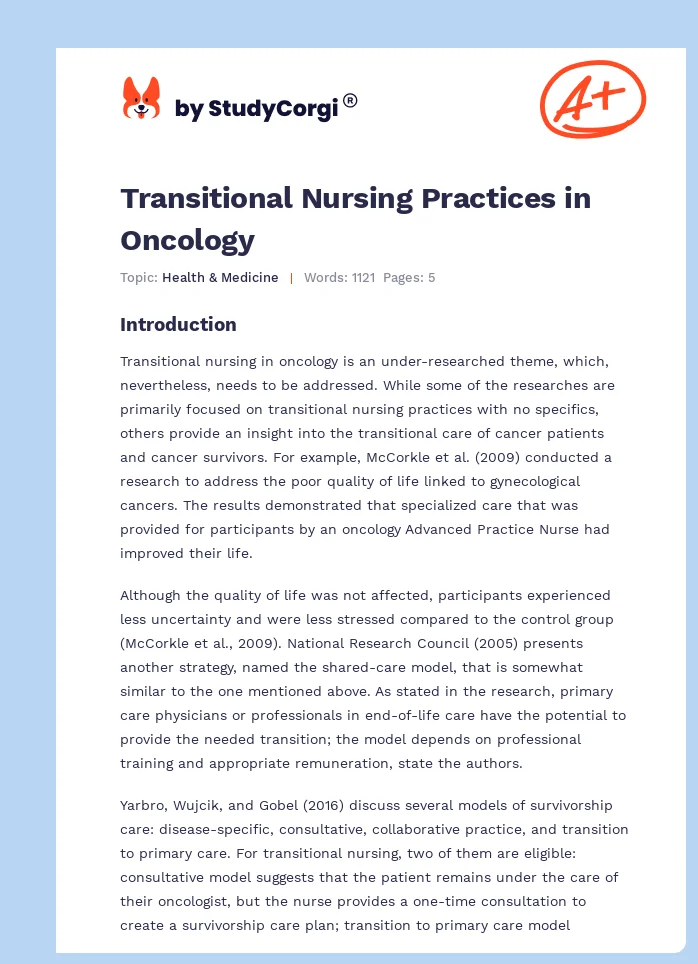 Transitional Nursing Practices in Oncology. Page 1
