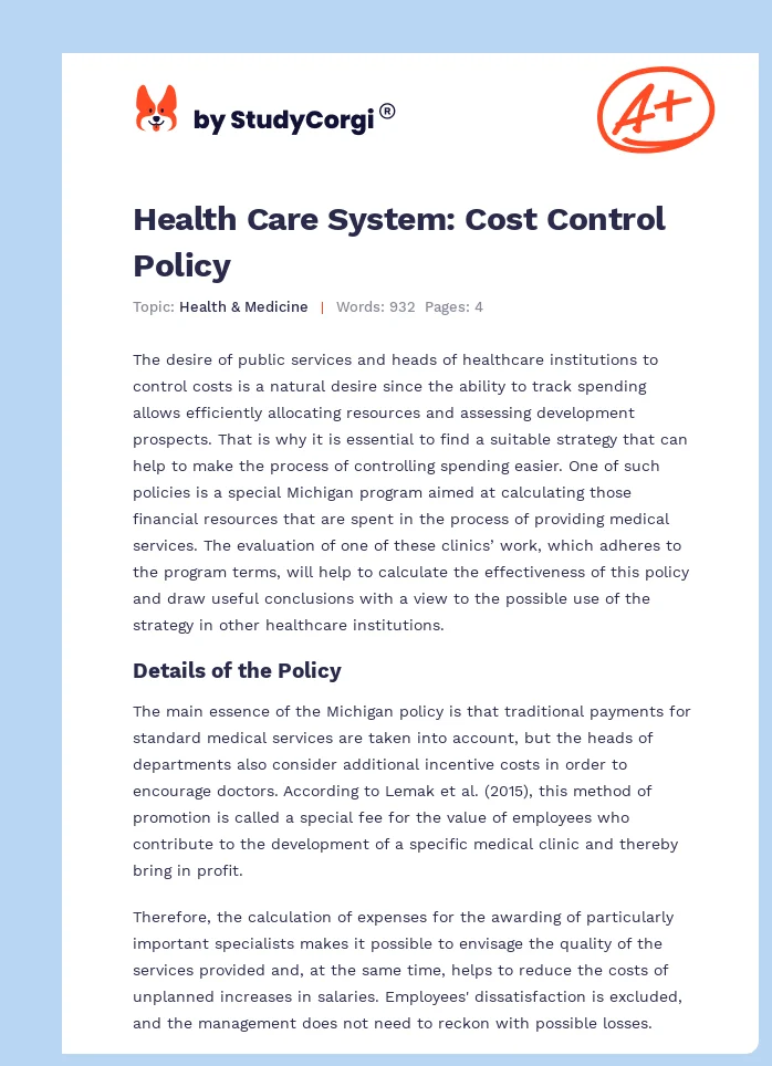 Health Care System: Cost Control Policy. Page 1