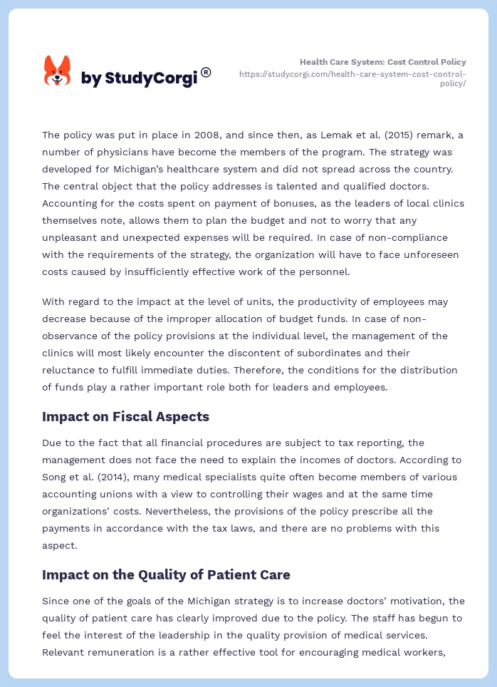 Health Care System: Cost Control Policy. Page 2