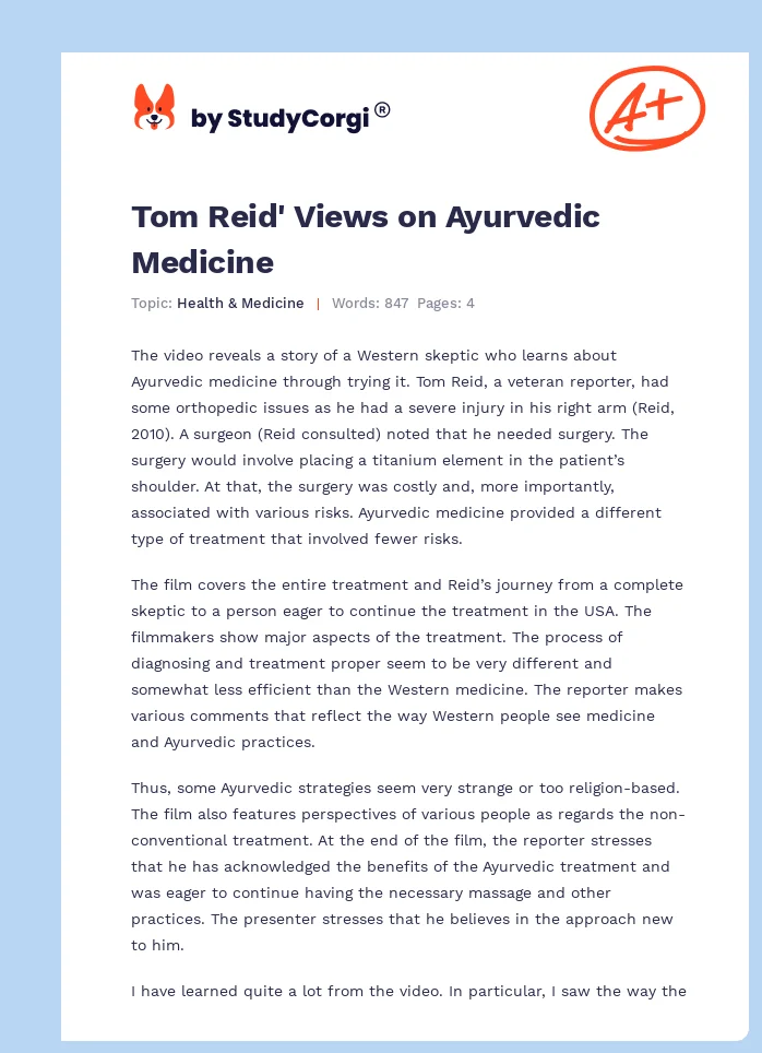 Tom Reid' Views on Ayurvedic Medicine. Page 1