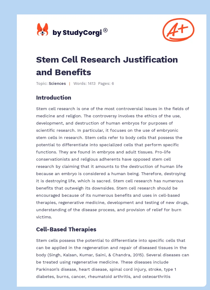 Stem Cell Research Justification and Benefits. Page 1