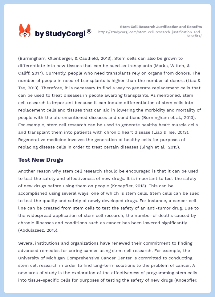 Stem Cell Research Justification and Benefits. Page 2