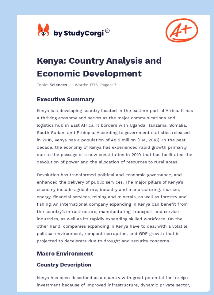 Kenya: Country Analysis and Economic Development. Page 1