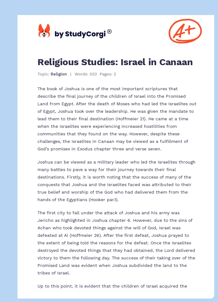 Religious Studies: Israel in Canaan. Page 1