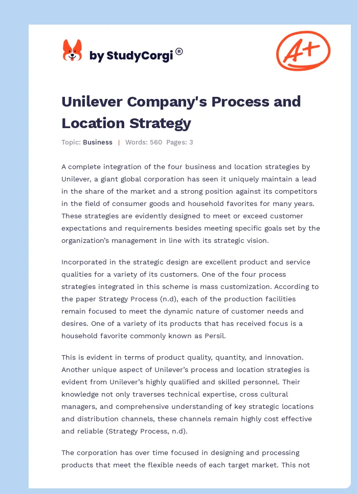 Unilever Company's Process and Location Strategy. Page 1
