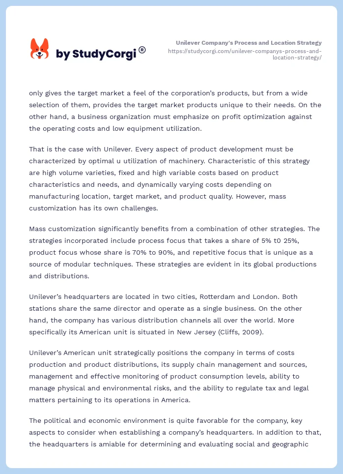 Unilever Company's Process and Location Strategy. Page 2