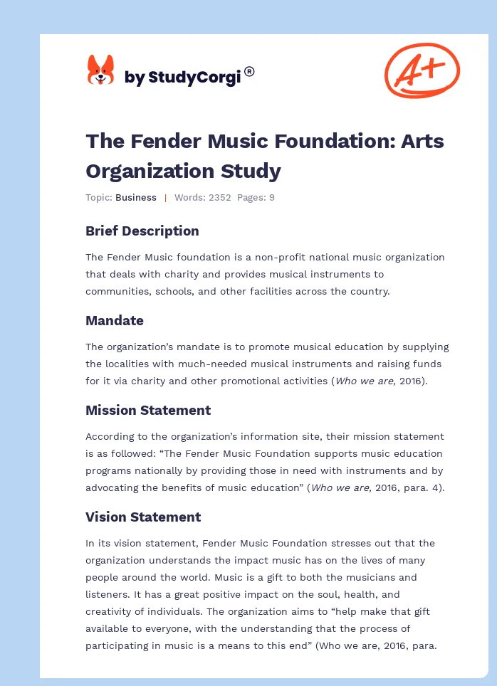 The Fender Music Foundation: Arts Organization Study. Page 1