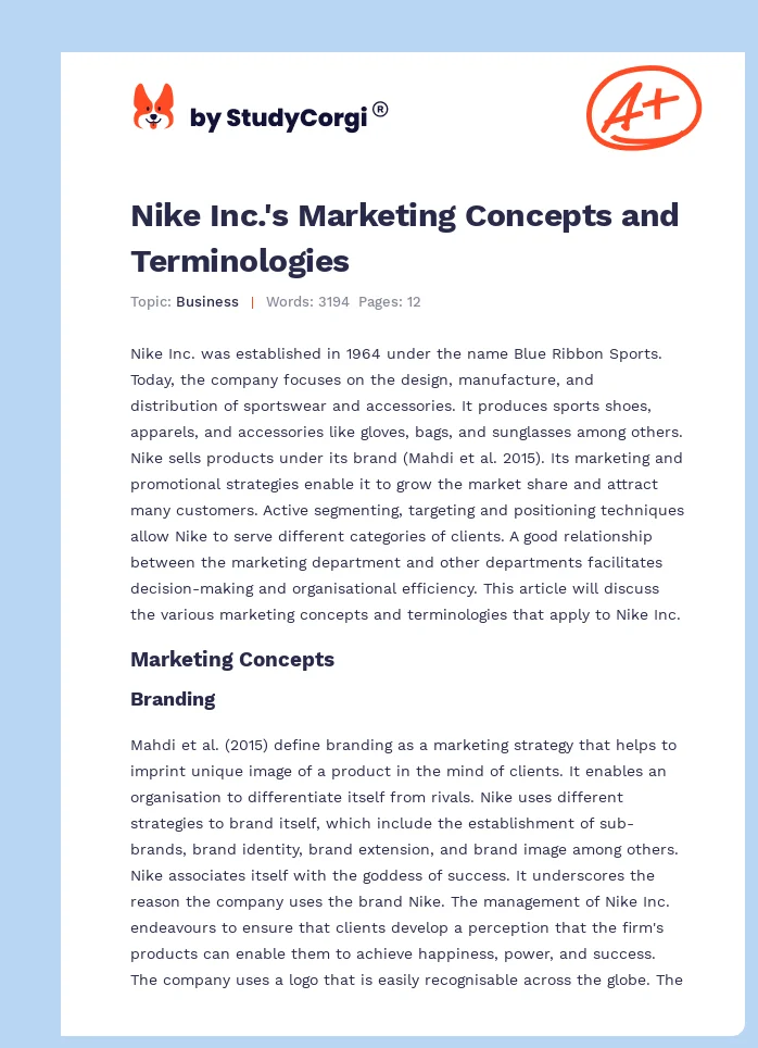 Nike Inc.'s Marketing Concepts and Terminologies. Page 1