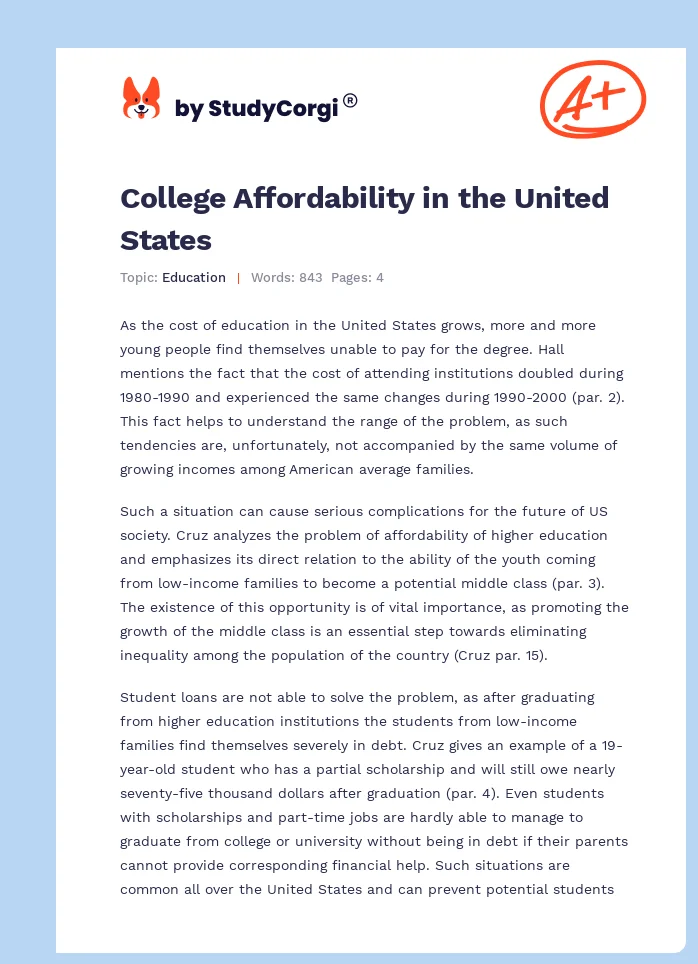 College Affordability in the United States. Page 1
