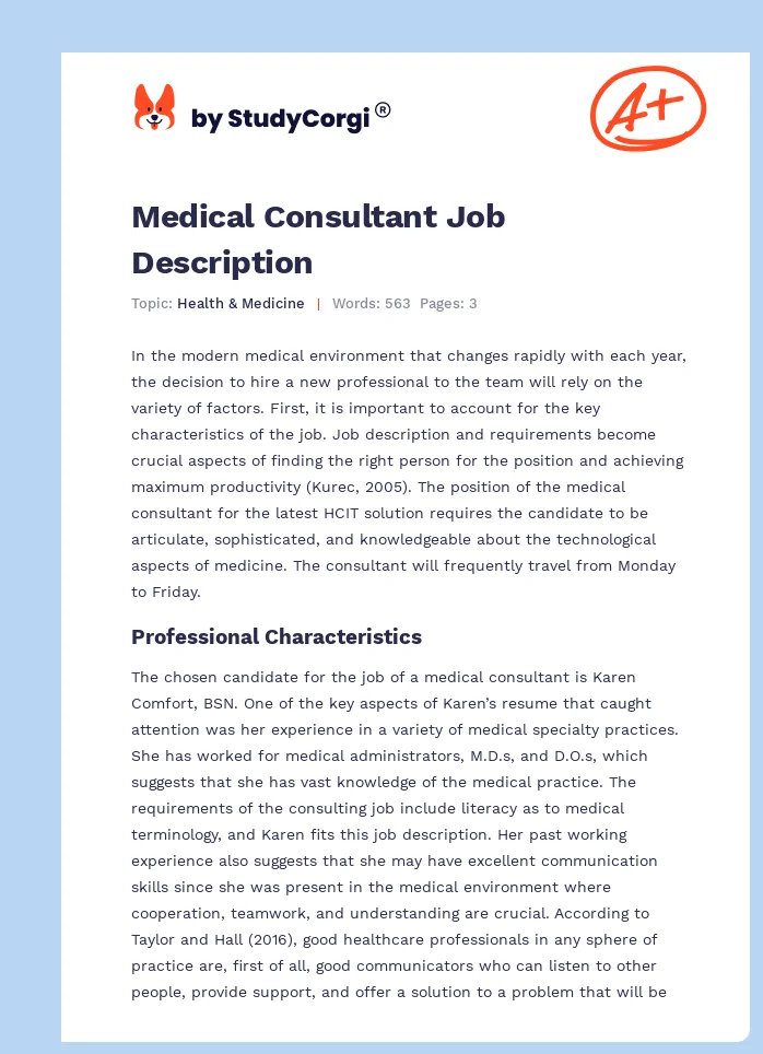 Medical Consultant Job Description. Page 1