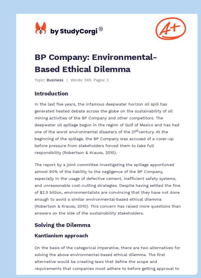 BP Company: Environmental-Based Ethical Dilemma. Page 1